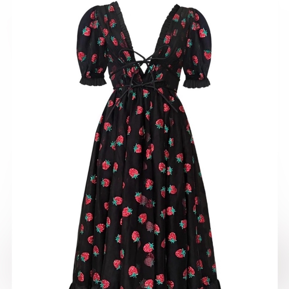 Lirika matoshi viral black strawberry glitter tulle midi dress size XL